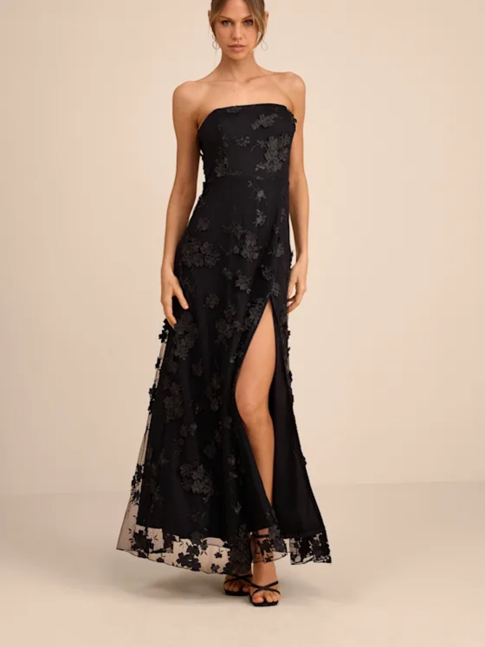 Lulu's Black Strapless Floral Appliqué Gown with Thigh Slit